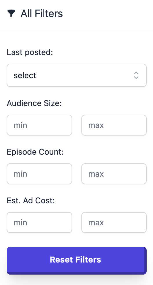 Image of podcast search and filtering options